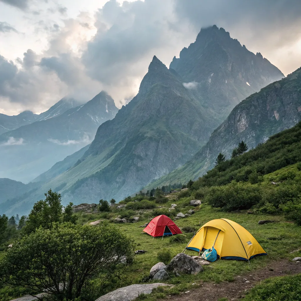 A scenic view of mountains with tents